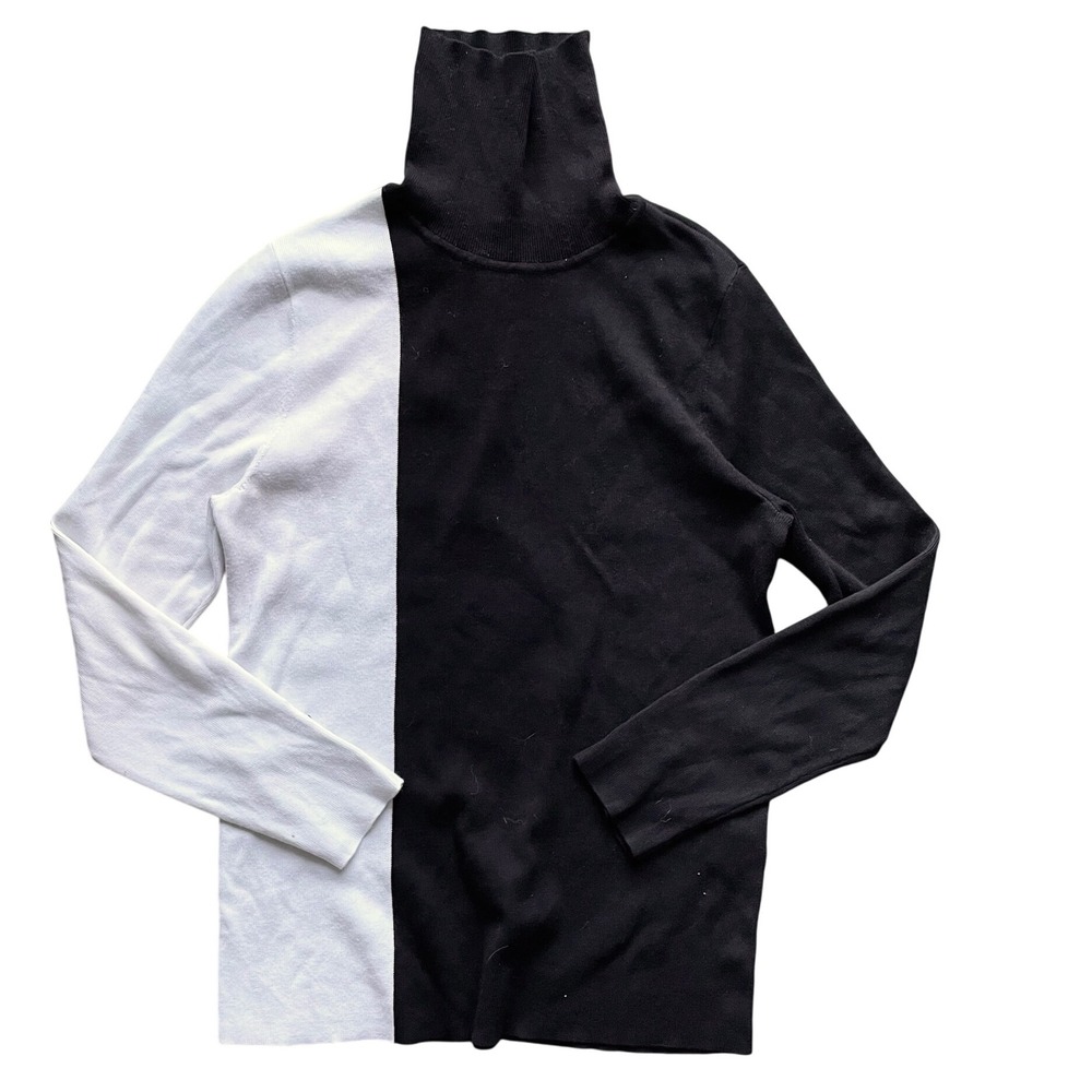 CHICOS Ecovero Black‎ White Colorblock Turtleneck Sweater Button Cuff Sz MED EUC